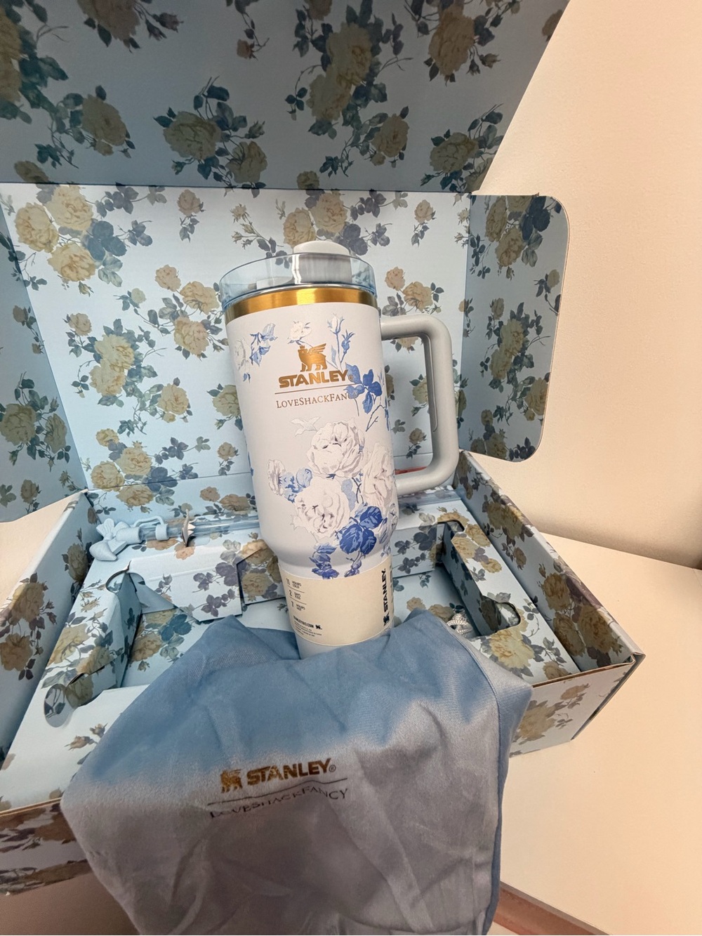 LoveShackFancy White Travel Tumbler with Blue Floral Print